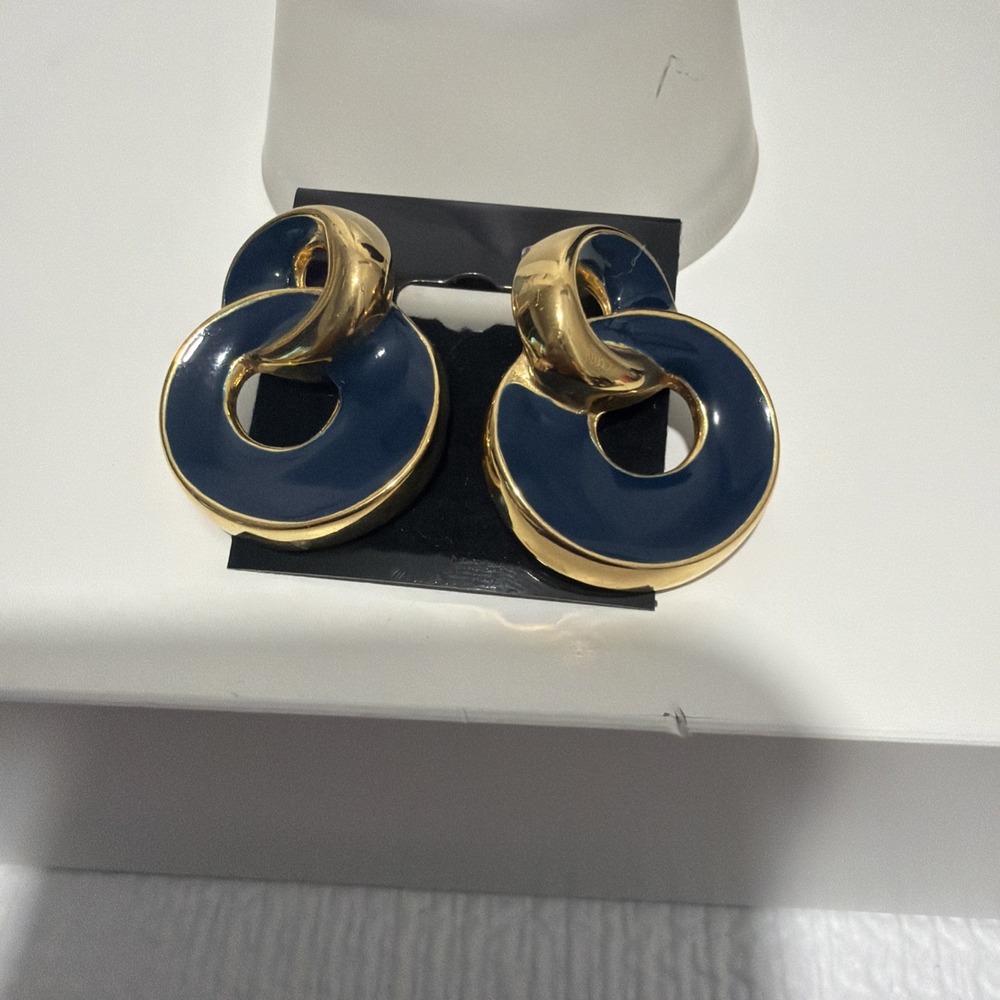 Double Swirl Stud Earrings Gold Navy Blue Enamel Retro Vintage 1.25 Inch